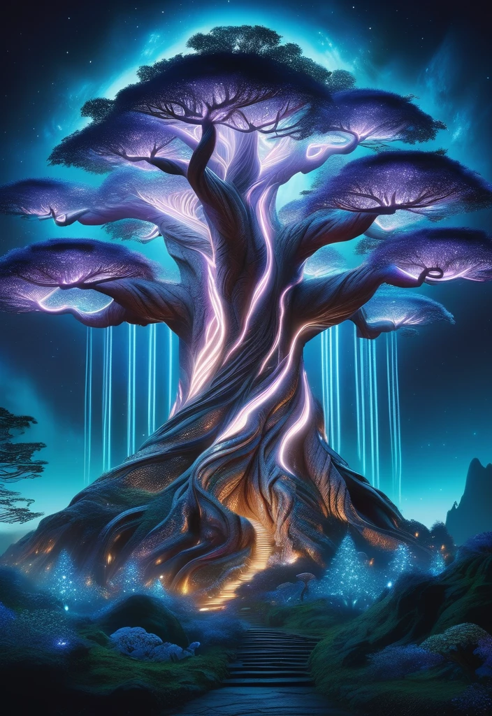 hyper detailed masterpiece, DonM3t3rn1tyXL, magical mountain with the enormous ancient Worldtree. Its should be dim and mystical, possibly glowing with an otherworldly bioluminescent light. Its pose is majestic and regal, exuding a sense of magical power and grace. Set the in an enchanting ethereal light and mystical flora surrounding it