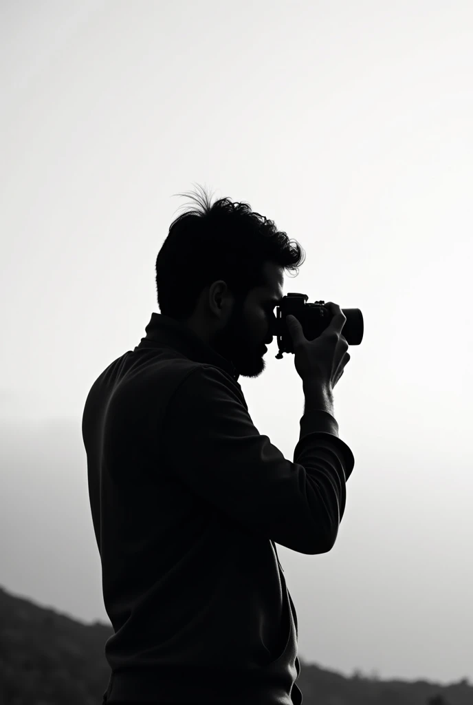 Silhouette of a person standing in profile taking a photo in black and white