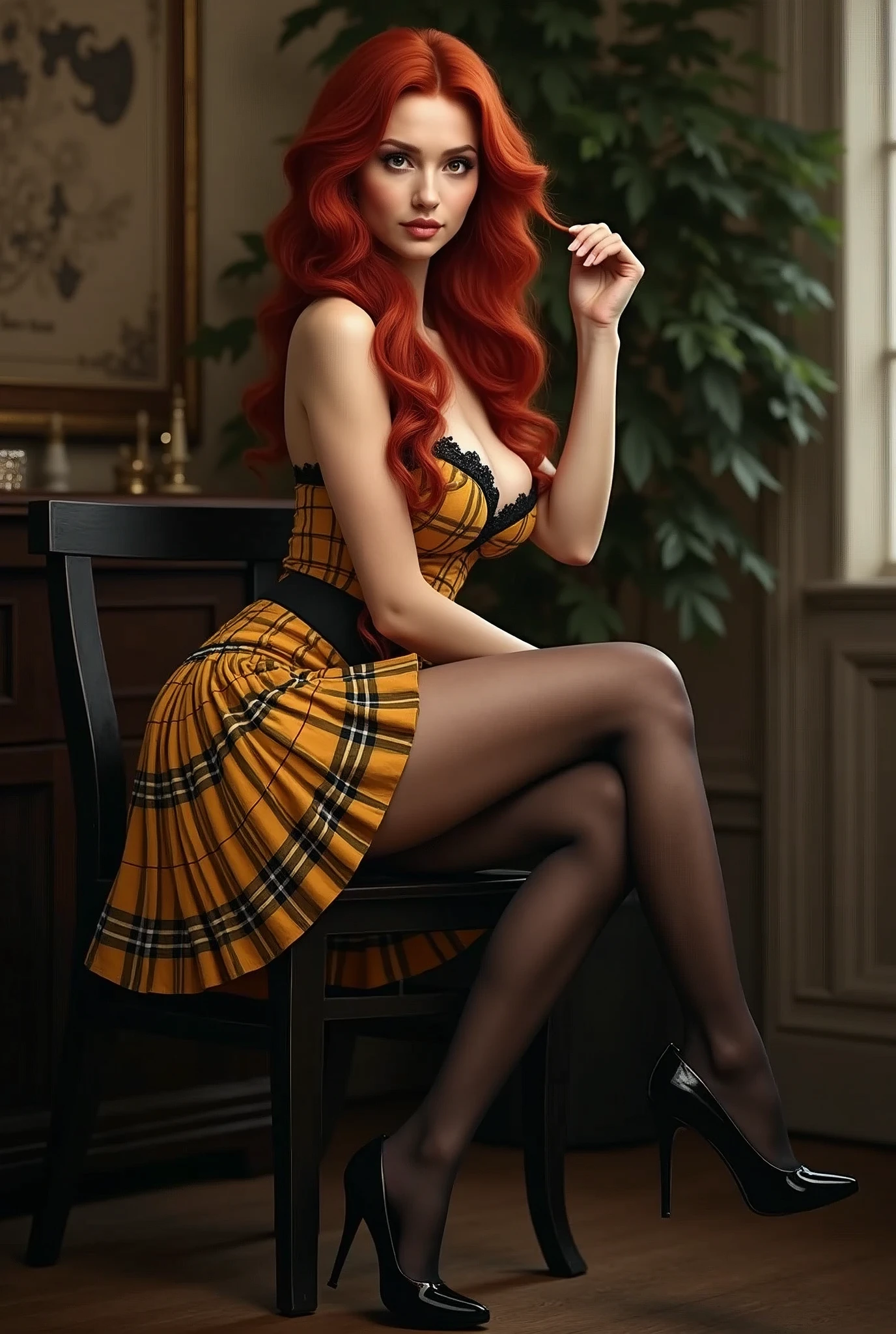 donna scozzese ,vestita con tartan base giallo con righe più sottili in nero e rosso, capelli rossi lunghi ,belle gambe, kilt corto,tacchi, calze nereè seduta ad un tavolino con le gambe accavallate e si vede il pizzo dell'intimo