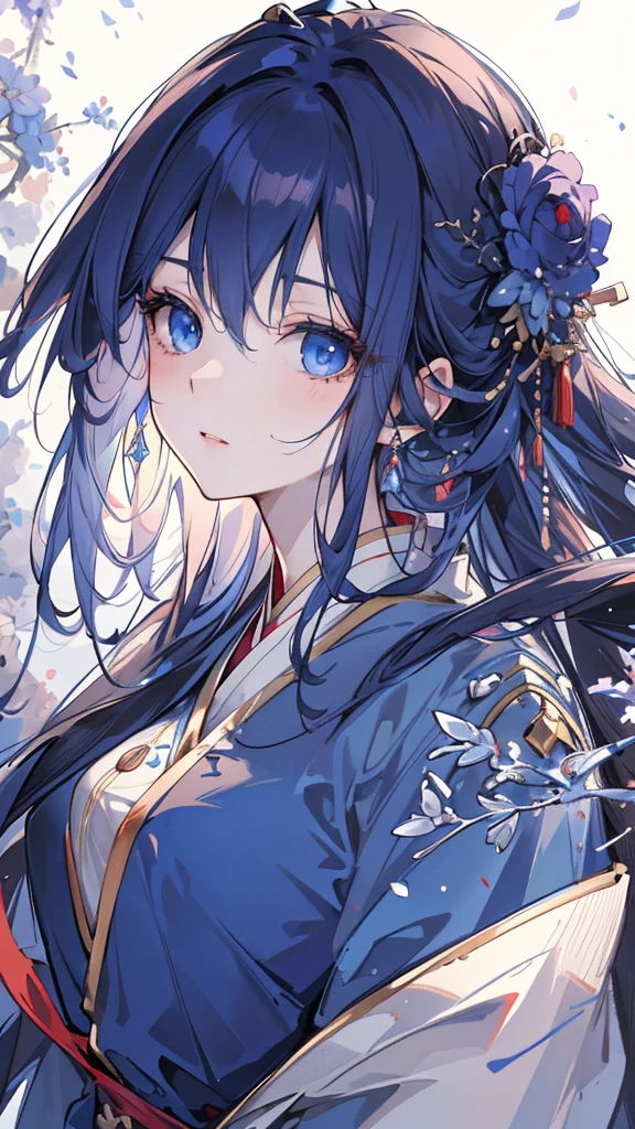 (best quality,4k,highres),detailed and realistic portrait,anime style,beautiful girl with long deep blue hair,gorgeous sapphire eyes,blue hanfu armor,dagger