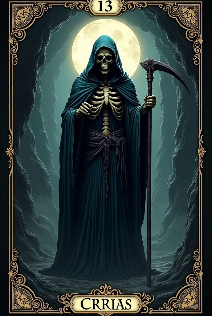 Crias playing card de tarot, skullish, dark, souls, playing card, number 13, grim reaper, skullish,cavern, reaper,