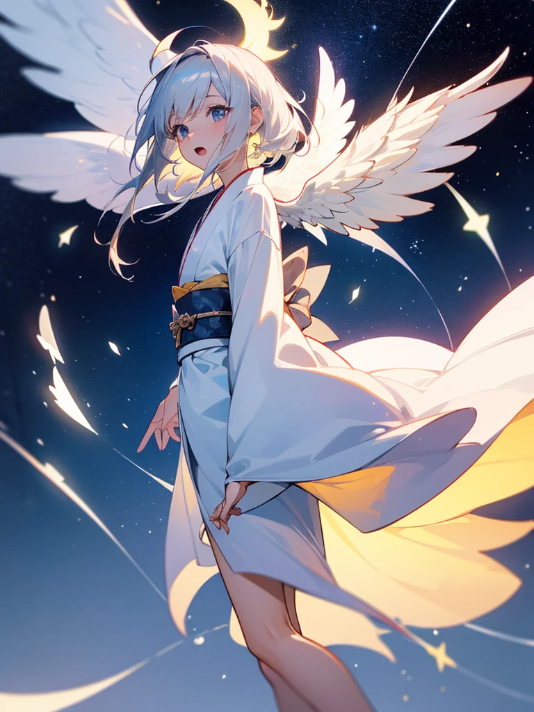 One person, Open your mouth, Shortcuts, Angel,whole body,accurate, Silver Hair, chest, Stars in the Sky, through,Character portrait, Feet in the frame,kimono
