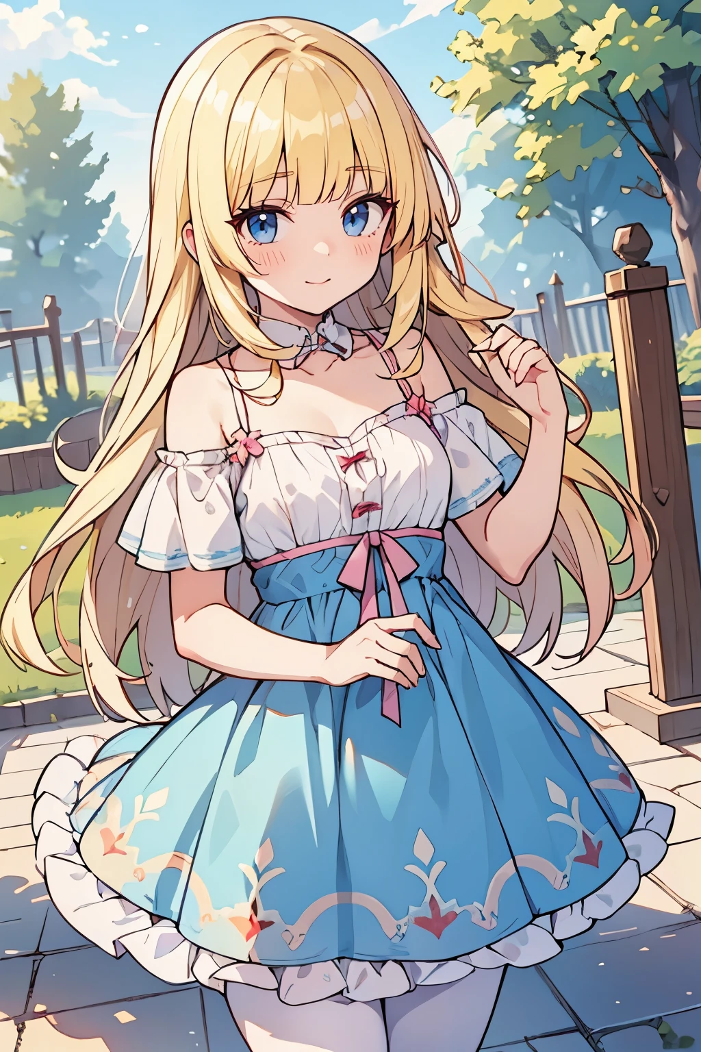 solo girl, (young female body:1.4), ( medium small breasts), cowboy shot, embarrassed expression, flustered, yellow long hair, voluminous wavy very long yellow hair, extra long blonde hair, hime cut, light blue detailed eyes, pink baby doll dress, ligh pink long dress, pink and blue summer dress, off shoulder short sleeves, exposed collar bones, white tights, town background with a playground, trees and bushes and flowers