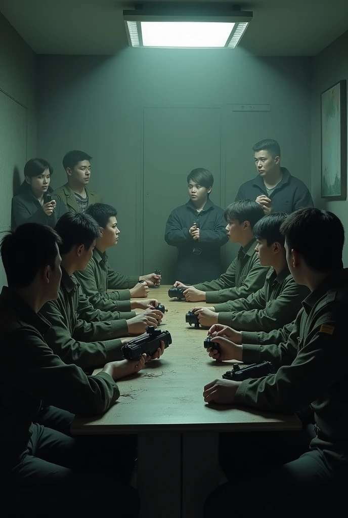 Add people around the table, sitting and eating. Make soldiers hold guns. Add civilians on the opposite side holding cameras