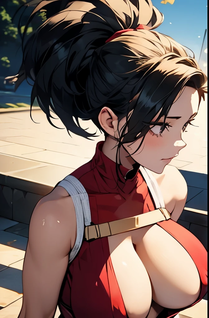 big breasts, 1girl, ((Momo Yaoorozu)) ((Boku is not a hero)) Extremely sexy body, Full breasts and slim waist, Huge-breasts, wide thighs, Red Bodysuit, Youthful appearance, Quality, Realistic, Best Quality, sexypose, night time, Erotica, steam, the sweat