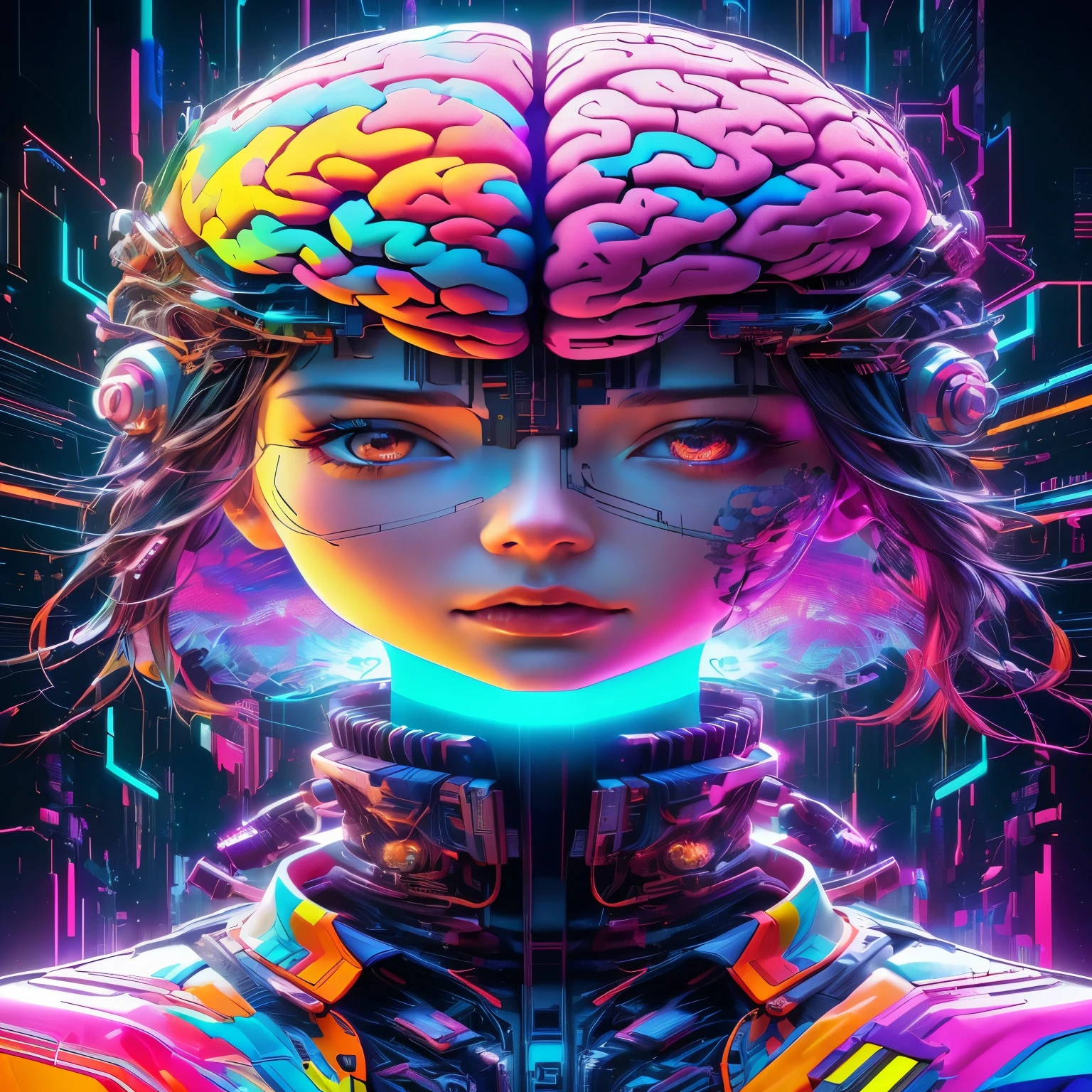 woman with brain on head against futuristic landscape, cyberpunk art style, digital cyberpunk anime art, cyberpunk, bright colors, digital cyberpunk - anime art, Detailed 4k digital art, advanced digital cyberpunk art, cyberpunk art, Dreamy girl in cyberpunk style, Highly detailed 4K digital art, cyberpunk digital art, anime cyberpunk art, cyberpunk art, cyberpunk anime art