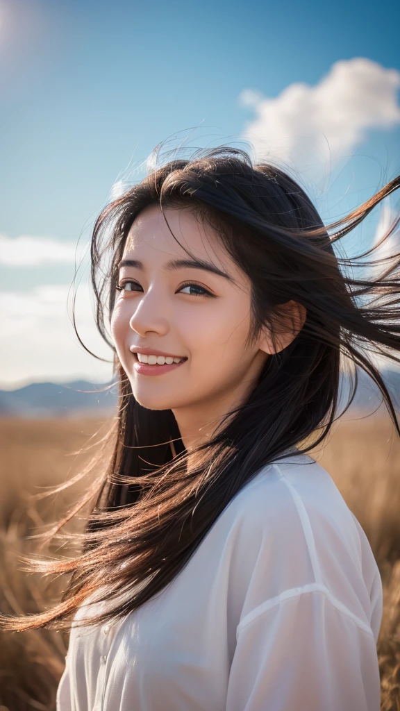 Smiling girl, Blowing in the wind for a long time [Blue-black:.3] hair,View your audience, (masterpiece:1.3), (8k, Realistic, RAW Photos, Highest quality: 1.4), Japanese, (one person&#39;s), Beautiful Face, (Realistic Face), (black hair, short hair:1.3), beautiful hairstyle, Realistic eyes, Beautiful details, (Realistic Skin), Beautiful Skin, charm, Ultra-high resolution, Ultra-realistic, Very detailed, bathroom,  Nipples、naked、Selfie、Shooting with a smartphone