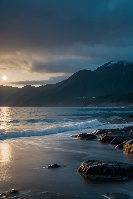 “Add a gentle rain to a photorealistic nighttime seascape with a calm ocean, rocky shoreline, and distant mountains. The rain should appear as a light drizzle, with visible raindrops hitting the water surface, creating small ripples and a slightly misty atmosphere. The sky should remain mostly clear with a few scattered clouds, and the moonlight should subtly reflect off the wet surfaces, enhancing the serene and tranquil mood of the scene.”