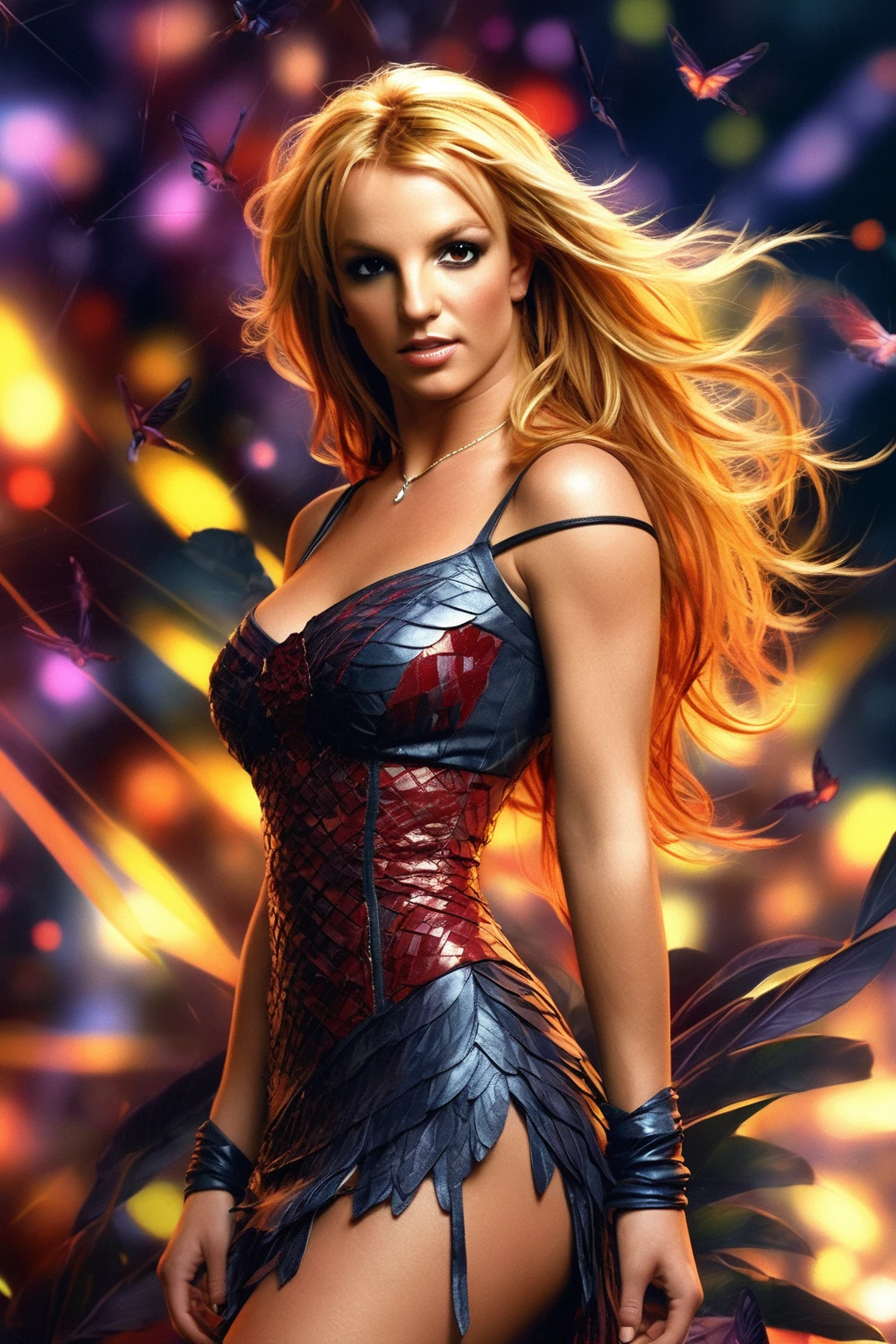 Britney Spears with red hair and a dress posing in front of a dark background, linda arte ,  by Galen Dara, beautiful digital art, Charlie Bowater rich, deep colors, best quality, realisitic, realisitic, award-winning illustration, (Highly detailed texture of face and skin), (all-body), (Complicated Detail: 1.2), (fine-details), (Complicated Detail), (Cinematic Lights, luz de fundo de best quality), Sharp lines, sharp focus, offcial art, unity wallpaper 8k, absurdrez, unbelievably absurd, huge filesize, ultra-, Fantasyart, RTX,((close-up photos from the award-winning studio)), , (escape), , perfect hands, beautiful detailed eyes, face perfect