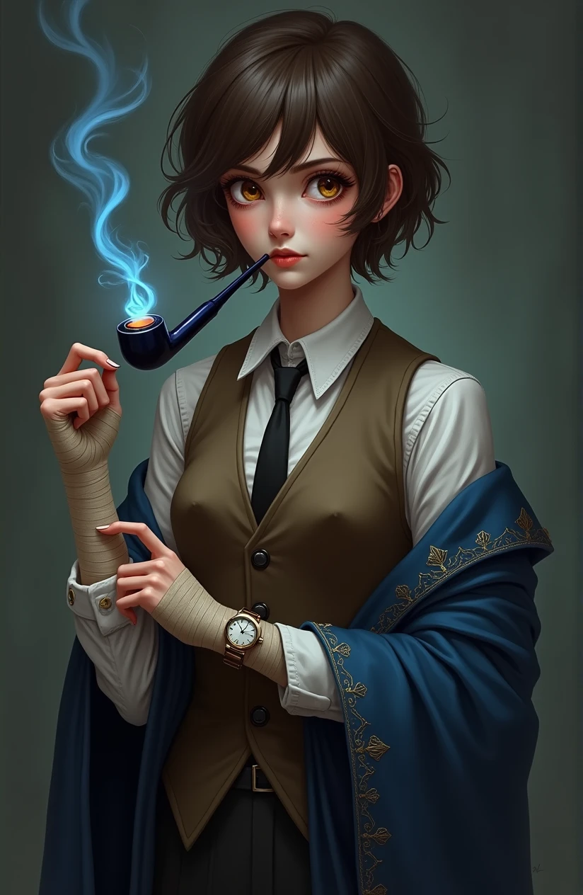 1 tomboy, solo, amber eyes, short brown hair, brown vest, (whit shirt:1.1), black tie, (blue robe with gold trim along the edge:1.2),1 dark blue smoking pipe with blue flame in left hand, gloomy face, bandaged left hand, watch on left hand,
