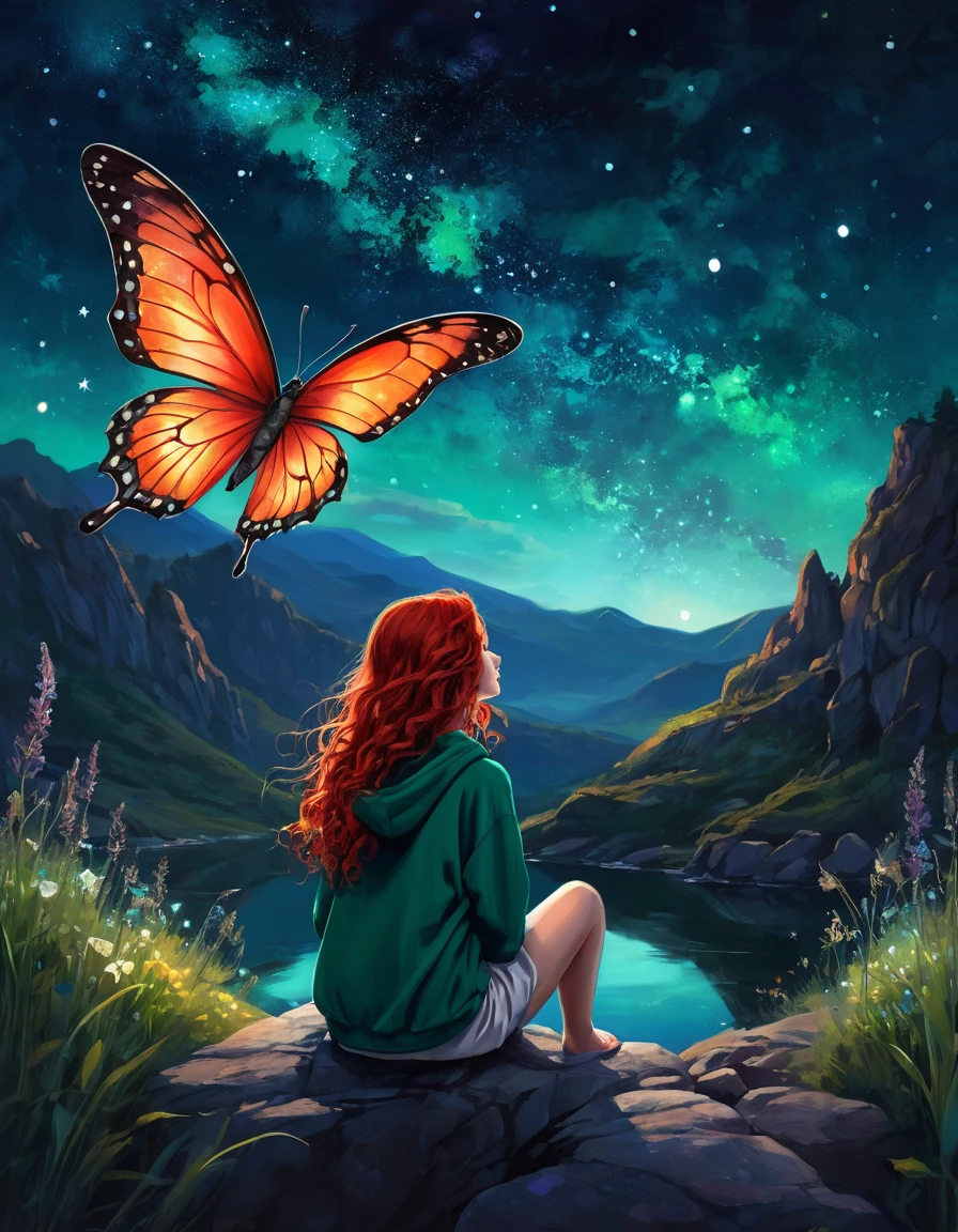 A young individual, possibly a girl, red long curly hair, sitting on a rocky terrain amidst a mountainous backdrop. He is gazing upwards, where a massive, surreal butterfly with glowing wings is soaring against a starry night sky. The butterfly's wings are illuminated with a fiery hue, contrasting with the cool tones of the night. The girl is dressed in a emerald hoodie and is surrounded by nature, with wildflowers and grasses at his feet., vibrant, painting, cinematic