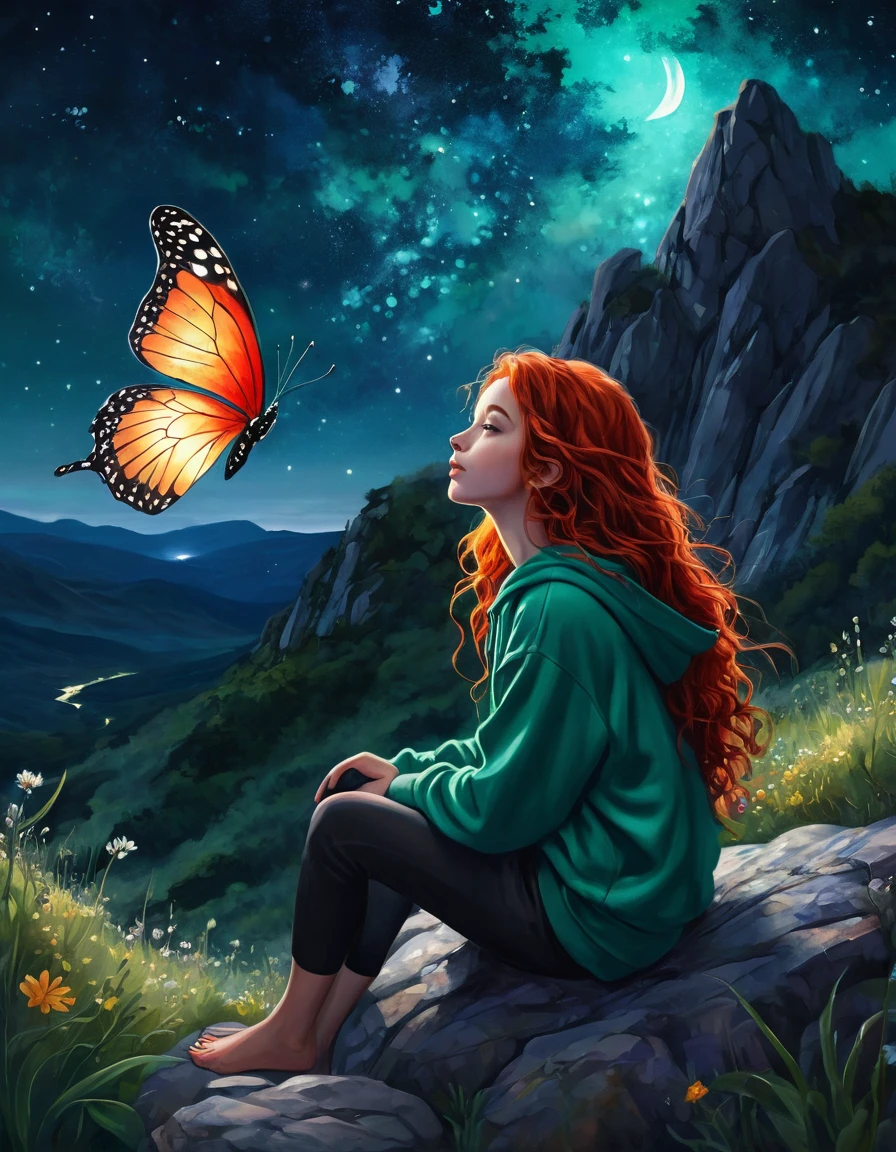 A young individual, possibly a girl, red long curly hair, sitting on a rocky terrain amidst a mountainous backdrop. He is gazing upwards, where a massive, surreal butterfly with glowing wings is soaring against a starry night sky. The butterfly's wings are illuminated with a fiery hue, contrasting with the cool tones of the night. The girl is dressed in a emerald hoodie and is surrounded by nature, with wildflowers and grasses at his feet., vibrant, painting, cinematic