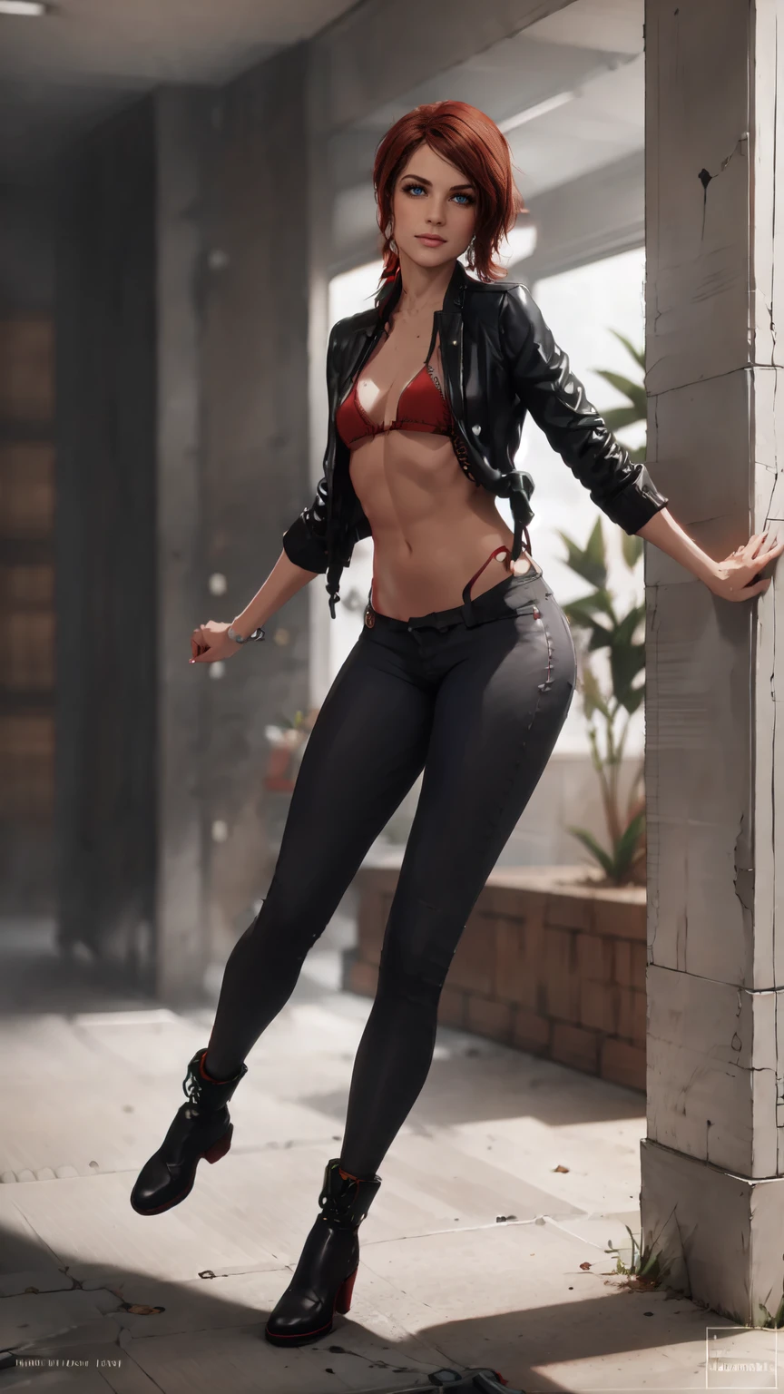 ((Courtney Hope)), red hair, asymmetrical hair, short ponytail, wavy hair, sidelocks, low ponytail, 1girl, solo, smirking, Fitted Black motorcycle/bomber jacket 1/4 cropped, (tight, red micro bikini top under jacket), Skin tight black jeans, (strong glutes), matte black leather motorcycle boots, Slim but lightly toned build, Small bust, wide shot, UHD, 16k, best quality, anatomically correct, accurate face, masterpiece, (full body portrait), set in a dishevelled office interior with white brutalist design and white walls