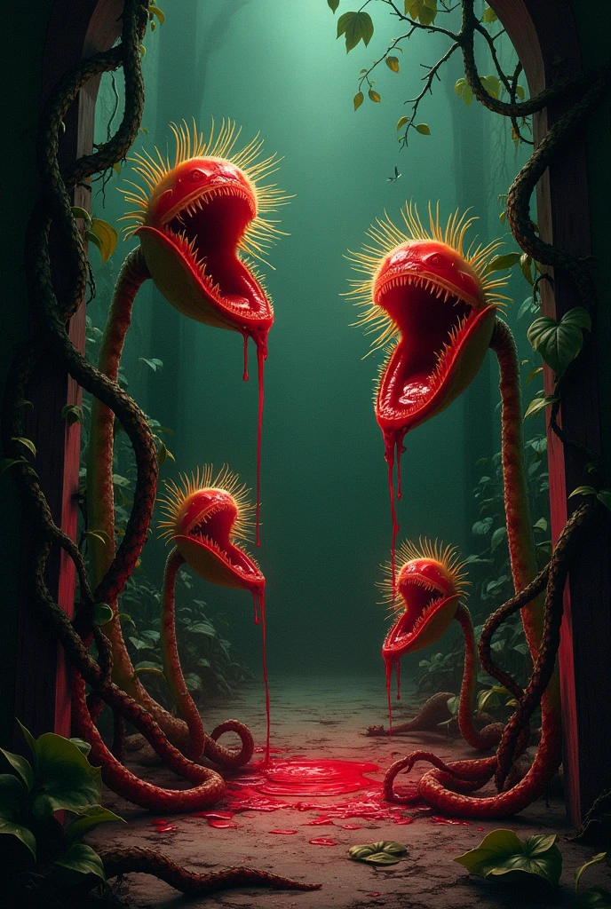 ((1920s horror drawing )) a room full of venus fly trap plants with blood coming out of their mouths and vines coming out of the ground at night