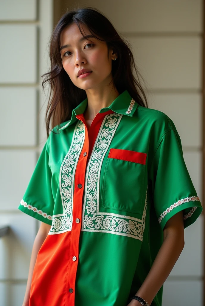 Green and red shirt with white detail