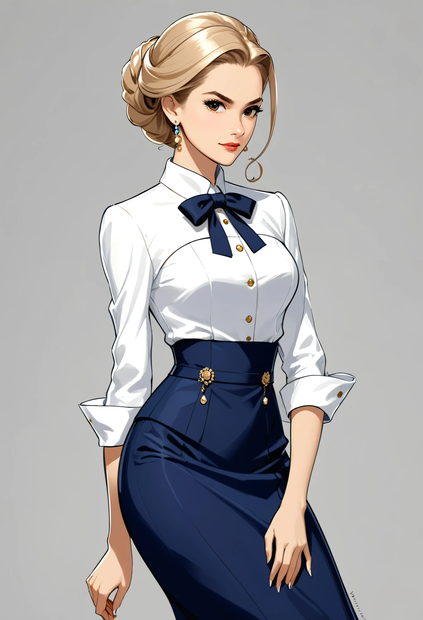 in style of Carolina Herrera
1girl,character concept design,half body,standing,bent_over,leaning_forward