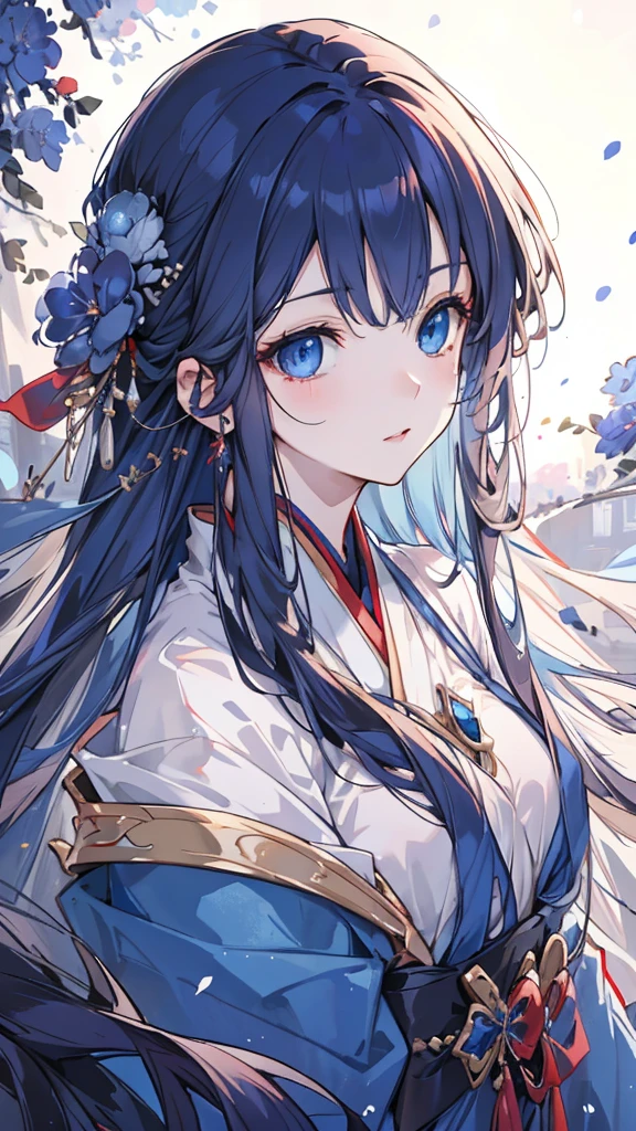 (best quality,4k,highres),detailed and realistic portrait,anime style,beautiful girl with long deep blue hair,gorgeous sapphire eyes,blue hanfu armor,dagger