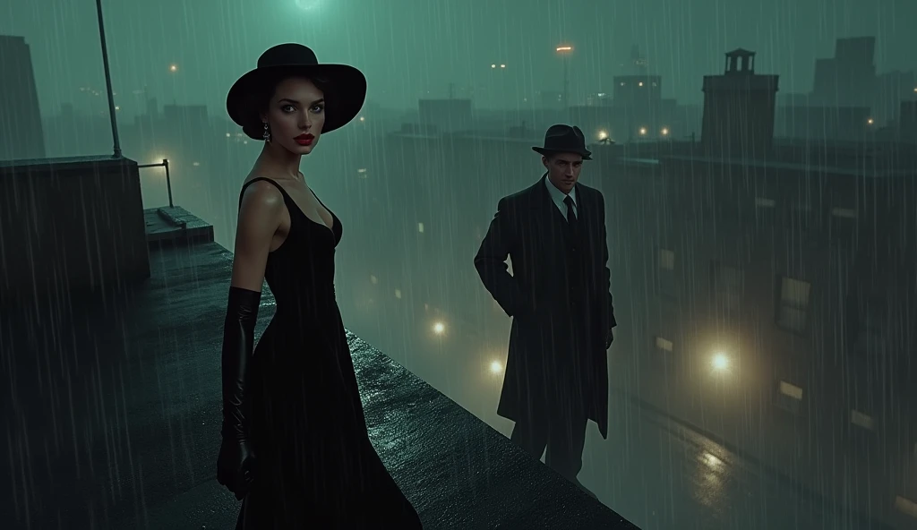 Film Noir Art Style: Aerial view of a rain-soaked 1940s cityscape at night, enveloped in deep shadows and mist. In the foreground, the femme fatale Evelyn (Physical Appearance: A striking woman in her late 20s with high cheekbones and a sharp jawline. Her pale skin contrasts starkly with her dark, piercing green eyes. Her lips are painted a deep crimson, set in a subtle smirk hinting at her dangerous allure.
Clothing: She wears a sleek, black, form-fitting dress reaching just below her knees, shimmering slightly under the dim city lights. A wide-brimmed hat is tilted elegantly, partially concealing her face in shadow, enhancing her enigmatic presence. Black high heels and tight-fitting satin gloves complete her attire.) is poised at the edge of a rooftop, ready to sprint. In the background, detective John (Physical Appearance: A rugged man in his mid-30s with a strong jawline and a five o'clock shadow. His piercing blue eyes exude unwavering determination. Weathered skin hints at a life spent on the streets.
Clothing: Dressed in a dark, double-breasted trench coat reaching his knees, flaring slightly as he moves. A classic black fedora with a tilted brim casts a shadow over his eyes. Worn leather gloves and polished, albeit scuffed, shoes complete his ensemble.) emerges from a doorway, eyes fixed on Evelyn. The city’s neon lights reflect off the wet rooftops, creating stark contrasts between light and shadow.