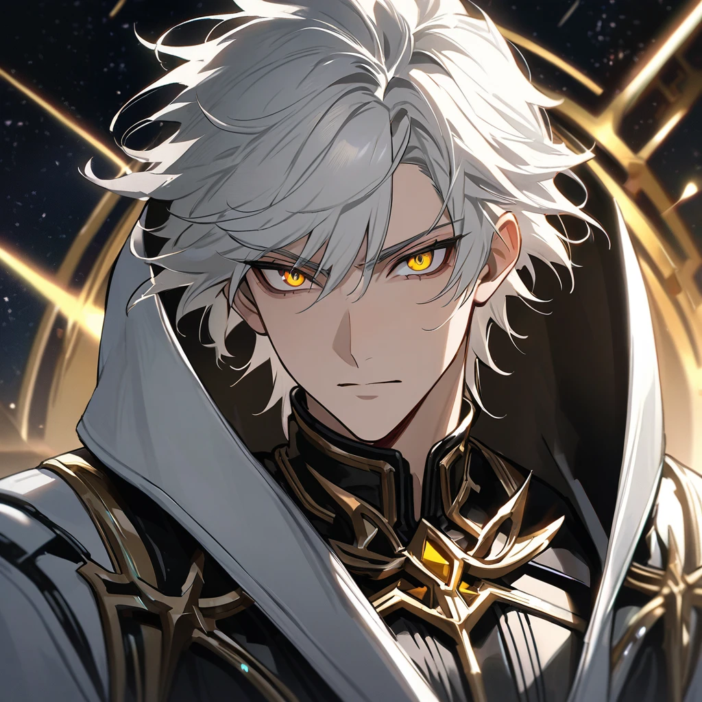 High quality, HD, 4k, no shadows, handsome male, handsome, 1male, 18 years old, 18yo, short white hair, white hair, white hair, white hair, sharp eyes, deep golden colored eyes, dark gold colored eyes, deep gold eyes, gold eyes, devil may cry, close up, calm expression, stoic expression, black leather clothes, white leather clothing, lean body, well trained body, upper body, looking at viewer, cowboy shot, white solar, space background