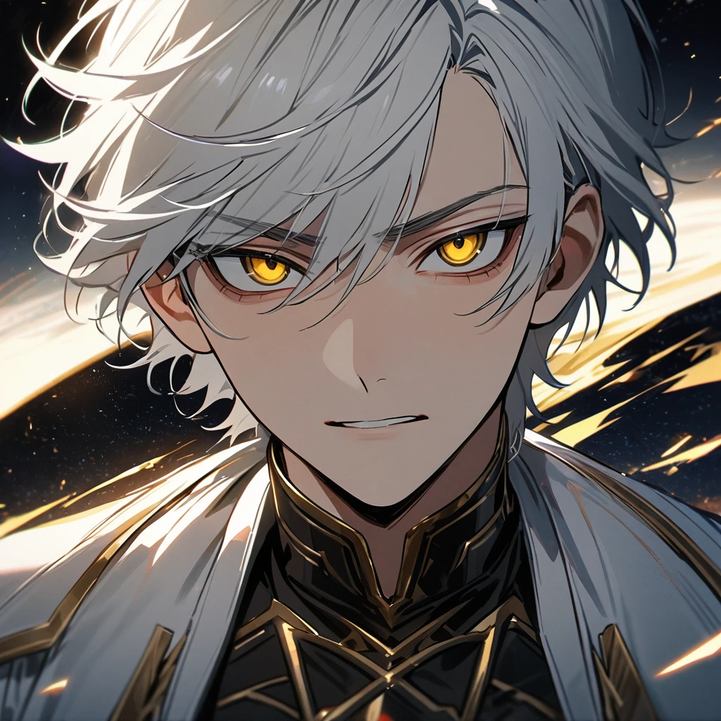 High quality, HD, 4k, no shadows, handsome male, handsome, 1male, 18 years old, 18yo, short white hair, white hair, white hair, white hair, sharp eyes, deep golden colored eyes, dark gold colored eyes, deep gold eyes, gold eyes, devil may cry, close up, calm expression, stoic expression, black leather clothes, white leather clothing, lean body, well trained body, upper body, looking at viewer, cowboy shot, white solar, space background