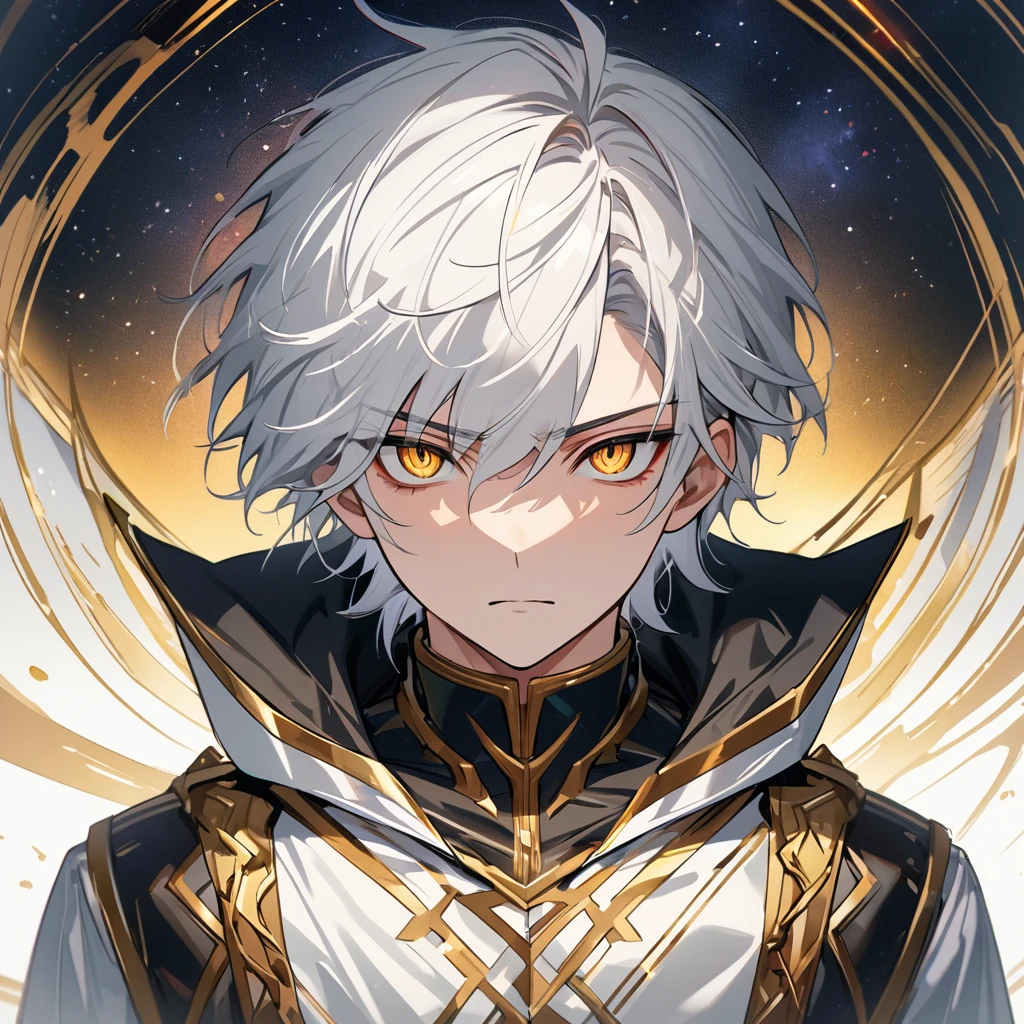 High quality, HD, 4k, no shadows, handsome male, handsome, 1male, 18 years old, 18yo, short white hair, white hair, white hair, white hair, sharp eyes, deep golden colored eyes, dark gold colored eyes, deep gold eyes, gold eyes, devil may cry, close up, calm expression, stoic expression, black leather clothes, white leather clothing, lean body, well trained body, upper body, looking at viewer, cowboy shot, white solar, space background