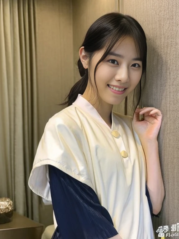 (Masterpiece, Best quality:1.3), (Ultra realistic:1.2), Natural light, 28 years old actress, Japanese women, Neat and clean, (White tennis uniform, White short-sleeve polo shirt with darknavy line collar:1.1), (unbutton:1.3), (White pleated skirt:1.1), white sock, (short wavy hair:1.2), ponytail, (Beautiful face), Oval face, clear, Beautiful eyes, Kind eyes, Clear skin, Small face, Beautiful mouth, Small mouth, Natural makeup, Approachable, Seductive, (Seductive pose:1.1), (Beautiful thighs), (Bedroom eyes:1.1), Embarrassed, Blush, Luxury hotel Suite room, On bed, Hidden camera installed in suite room captures obscene reality of girls high school, lesbian couple , girls petting together, grabbing crotch together, girls erotic hag, arms behind back, shibari,