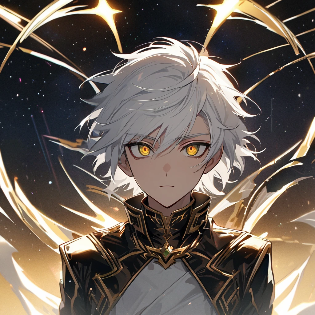 High quality, HD, 4k, no shadows, handsome male, handsome, 1male, 18 years old, 18yo, short white hair, white hair, white hair, white hair, sharp eyes, deep golden colored eyes, dark gold colored eyes, deep gold eyes, gold eyes, devil may cry, close up, calm expression, stoic expression, black leather clothes, white leather clothing, lean body, well trained body, upper body, looking at viewer, cowboy shot, white solar, space background