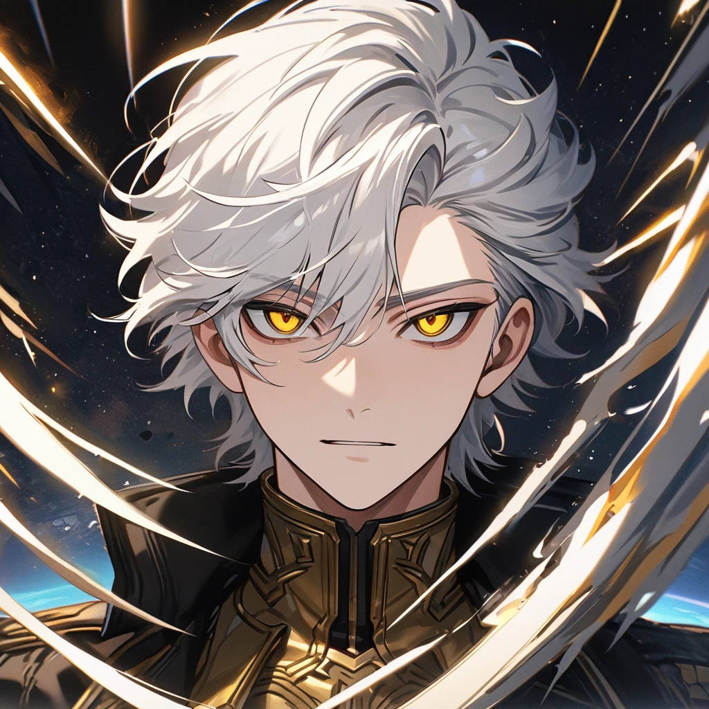 High quality, HD, 4k, no shadows, handsome male, handsome, 1male, 18 years old, 18yo, short white hair, white hair, white hair, white hair, sharp eyes, deep golden colored eyes, dark gold colored eyes, deep gold eyes, gold eyes, devil may cry, close up, calm expression, stoic expression, black leather clothes, white leather clothing, lean body, well trained body, upper body, looking at viewer, cowboy shot, white solar, space background