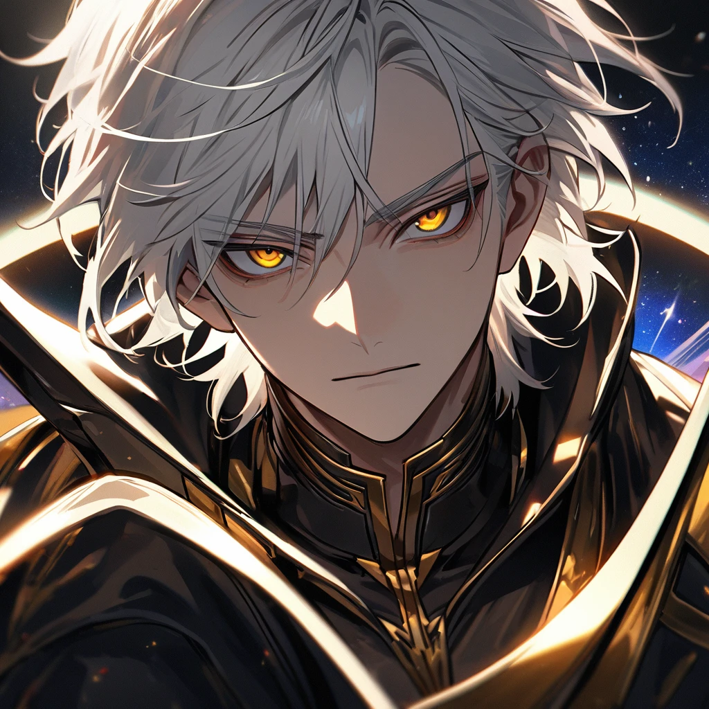 High quality, HD, 4k, no shadows, handsome male, handsome, 1male, 18 years old, 18yo, short white hair, white hair, white hair, white hair, sharp eyes, deep golden colored eyes, dark gold colored eyes, deep gold eyes, gold eyes, devil may cry, close up, calm expression, stoic expression, black leather clothes, white leather clothing, lean body, well trained body, upper body, looking at viewer, cowboy shot, white solar, space background