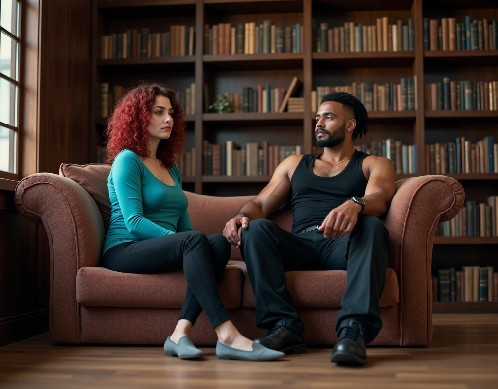 170 cm tall, 24-year-old woman with very pale skin, vibrant maroon wavy medium-length layered hair, parted to the side, fit figure, long turquoise top, black pants and grey flats with a tentative expression sits next to a very tall 209 cm tall, 29-year-old muscular attractive man with black short layered swept back wavy crew cut hair, short black facial hair, shirtless, Mediterranean-Native American features, black t-shirt and black cargo pants kind smile expression, sitting on the other side of chaise lounge nestled underneath a window inside a huge empty dark wood library. Photorealistic, cinematic.