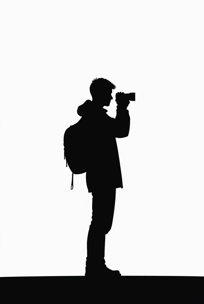 Minimalist black and white silhouette of a person standing in profile taking a photo.