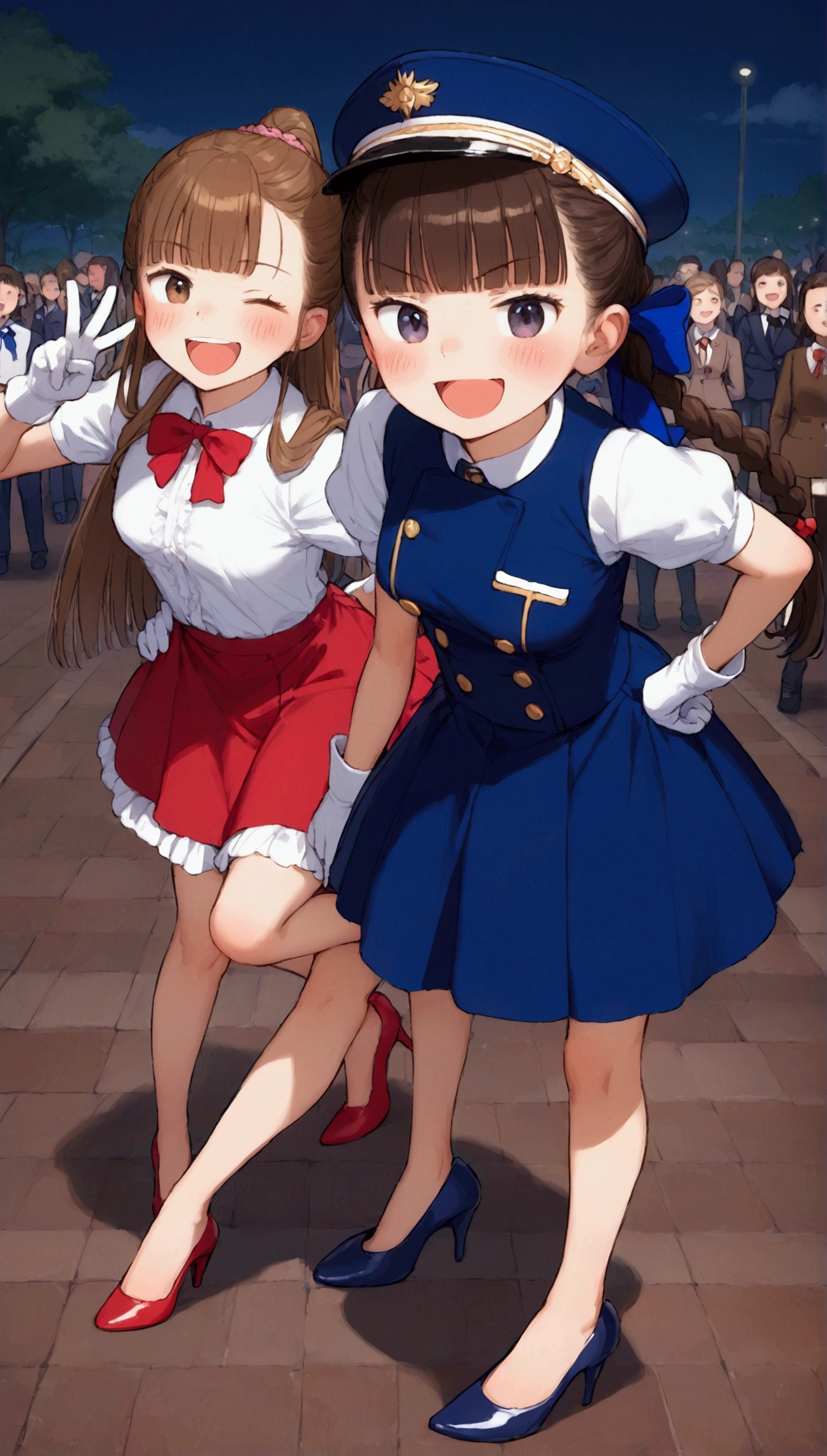{Highest quality}, {Super beautiful},{Ultra fine},{Best illustration},Brown Hair,Hime cut,Braid,long hair,ponytail,One woman,Standing Woman,Strike a pose,Adult women,smug face,Excited face,Double teeth,Wink,Uniform cap,White shirt,Short sleeve,Black long skirt,White gloves,Black stiletto heels,Night Park,crowd,Blushing,Slender,From an angle,Spread your legs,Put one hand on your hip