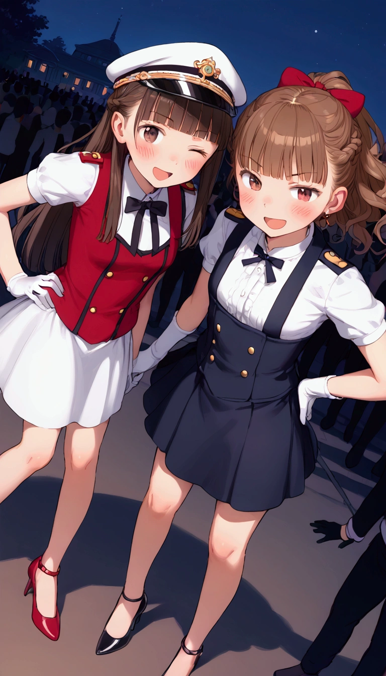 {Highest quality}, {Super beautiful},{Ultra fine},{Best illustration},Brown Hair,Hime cut,Braid,long hair,ponytail,One woman,Standing Woman,Strike a pose,Adult women,smug face,Excited face,Double teeth,Wink,Uniform cap,White shirt,Short sleeve,Black long skirt,White gloves,Black stiletto heels,Night Park,crowd,Blushing,Slender,From an angle,Spread your legs,Put one hand on your hip