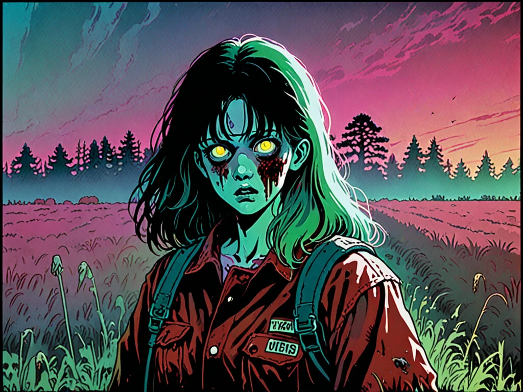 illust、art、from 80s horror movie、zombie in field of mist、high detail, realsitic shadow、Analog style, vhs style, 8mm film, chromatic aberration, Dvd screengrab、Complementary color gradient