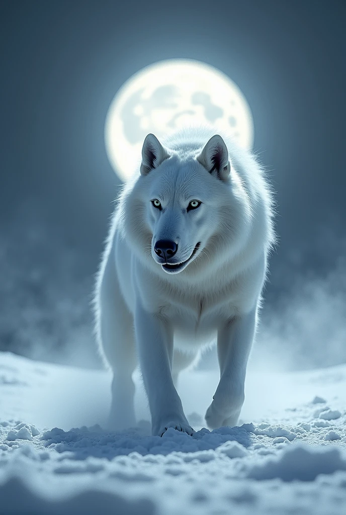 A scary and intimidating looking white dog in the Snows with short fur and at night