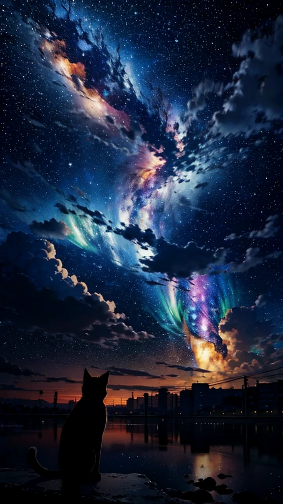 universe，null，meteor，town，Flowing Clouds，one cat，silhouette，