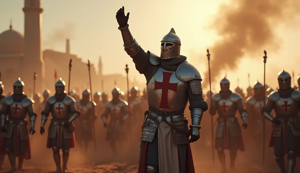 A highly realistic, high-contrast, 8K HD, detailed, hyper-detailed image of the Crusader knight from the provided image, standing proudly on the battlefield, rallying his comrades with words of encouragement and raising their spirits as they prepare for victory. The knight, clad in steel armor with a red cross on his tunic, raises his hand high in the air as a symbol of resolve and leadership. His gesture is powerful, drawing the attention of his fellow knights, who look towards him with renewed determination and resolve, ready to fight on with all their strength. The battlefield is a scene of dust, blood, and clashing steel, but the focus is on the powerful bond and unity among the Crusaders as they prepare to push forward for victory. The dramatic lighting highlights the knight's commanding presence and the collective resolve of the group. The image is of the highest quality, with ultra-high resolution, RAW photo quality, and Unreal Engine rendering, capturing the heroic and uplifting moment as the Crusader knights gather their strength for the final push.