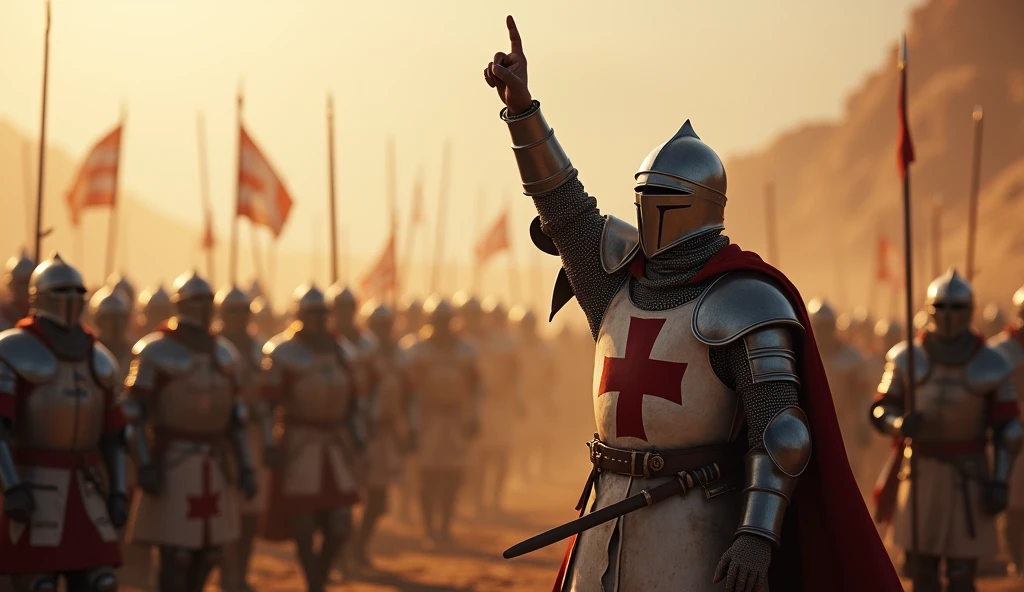 A highly realistic, high-contrast, 8K HD, detailed, hyper-detailed image of the Crusader knight from the provided image, standing proudly on the battlefield, rallying his comrades with words of encouragement and raising their spirits as they prepare for victory. The knight, clad in steel armor with a red cross on his tunic, raises his hand high in the air as a symbol of resolve and leadership. His gesture is powerful, drawing the attention of his fellow knights, who look towards him with renewed determination and resolve, ready to fight on with all their strength. The battlefield is a scene of dust, blood, and clashing steel, but the focus is on the powerful bond and unity among the Crusaders as they prepare to push forward for victory. The dramatic lighting highlights the knight's commanding presence and the collective resolve of the group. The image is of the highest quality, with ultra-high resolution, RAW photo quality, and Unreal Engine rendering, capturing the heroic and uplifting moment as the Crusader knights gather their strength for the final push.
