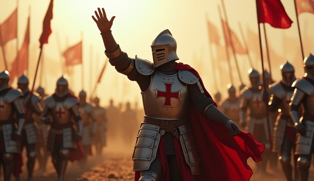 A highly realistic, high-contrast, 8K HD, detailed, hyper-detailed image of the Crusader knight from the provided image, standing proudly on the battlefield, rallying his comrades with words of encouragement and raising their spirits as they prepare for victory. The knight, clad in steel armor with a red cross on his tunic, raises his hand high in the air as a symbol of resolve and leadership. His gesture is powerful, drawing the attention of his fellow knights, who look towards him with renewed determination and resolve, ready to fight on with all their strength. The battlefield is a scene of dust, blood, and clashing steel, but the focus is on the powerful bond and unity among the Crusaders as they prepare to push forward for victory. The dramatic lighting highlights the knight's commanding presence and the collective resolve of the group. The image is of the highest quality, with ultra-high resolution, RAW photo quality, and Unreal Engine rendering, capturing the heroic and uplifting moment as the Crusader knights gather their strength for the final push.