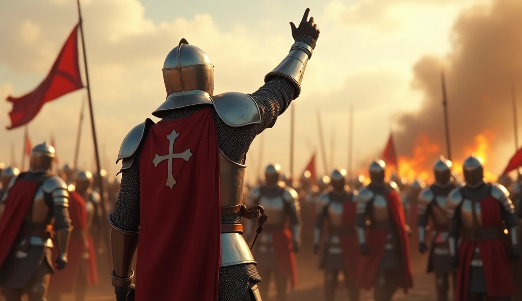 A highly realistic, high-contrast, 8K HD, detailed, hyper-detailed image of the Crusader knight from the provided image, standing proudly on the battlefield, rallying his comrades with words of encouragement and raising their spirits as they prepare for victory. The knight, clad in steel armor with a red cross on his tunic, raises his hand high in the air as a symbol of resolve and leadership. His gesture is powerful, drawing the attention of his fellow knights, who look towards him with renewed determination and resolve, ready to fight on with all their strength. The battlefield is a scene of dust, blood, and clashing steel, but the focus is on the powerful bond and unity among the Crusaders as they prepare to push forward for victory. The dramatic lighting highlights the knight's commanding presence and the collective resolve of the group. The image is of the highest quality, with ultra-high resolution, RAW photo quality, and Unreal Engine rendering, capturing the heroic and uplifting moment as the Crusader knights gather their strength for the final push.