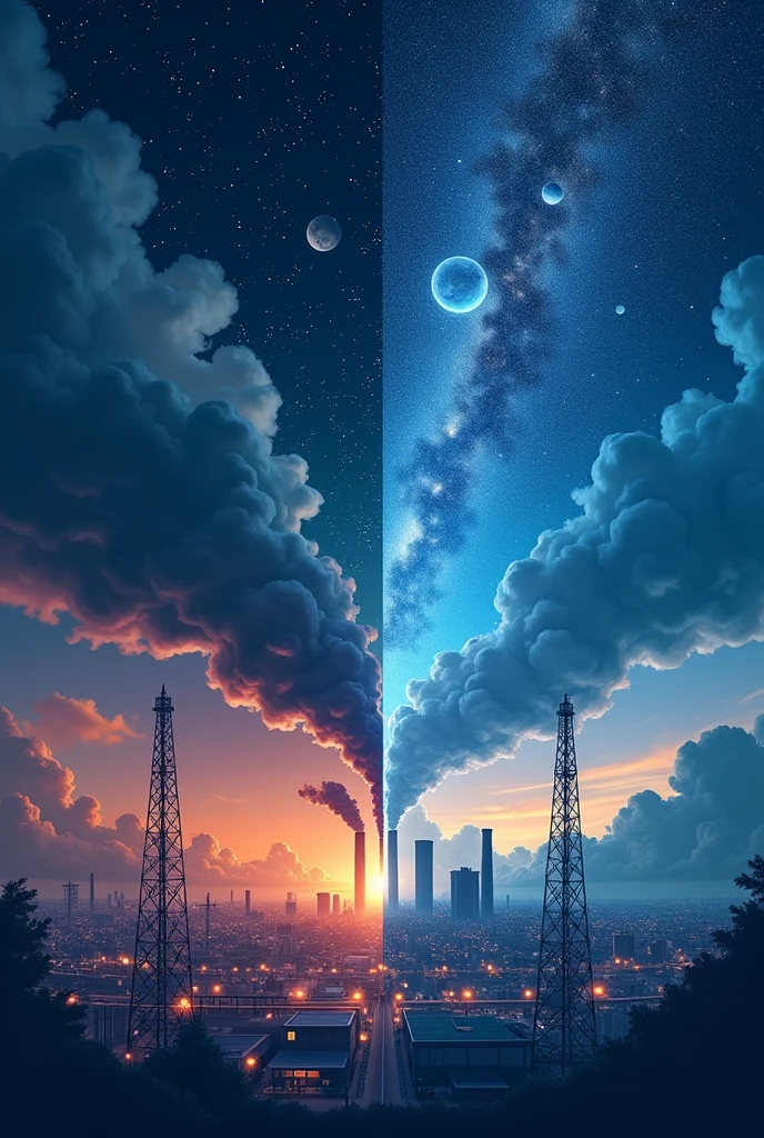 Save energy Save Electricity poster that shows 2 side one side with lighting and pollution and other side with night stars and beautiful sky
