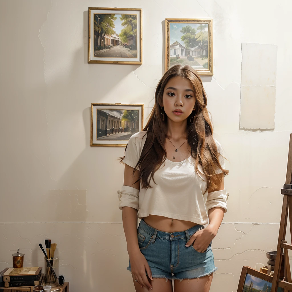 A serene evening atmosphere in a small studio with peeling white walls revealing the bricks underneath. The lighting is ample. A young female artist of Thai- Chinese descent, with dreadlocks and large headphones, is dressed in a Bohemian-style shirt and denim shorts. She is painting an oil portrait of a voluptuous woman with long copper hair adorned with a crown. The artist, with a calm demeanor, carefully blends vibrant colors, reflecting elegance and beauty. The backdrop of the small studio is filled with brushes, palettes, a coffee cup, and an ashtray with a lit cigarette. The evening sunlight adds depth and dimension to the scene.