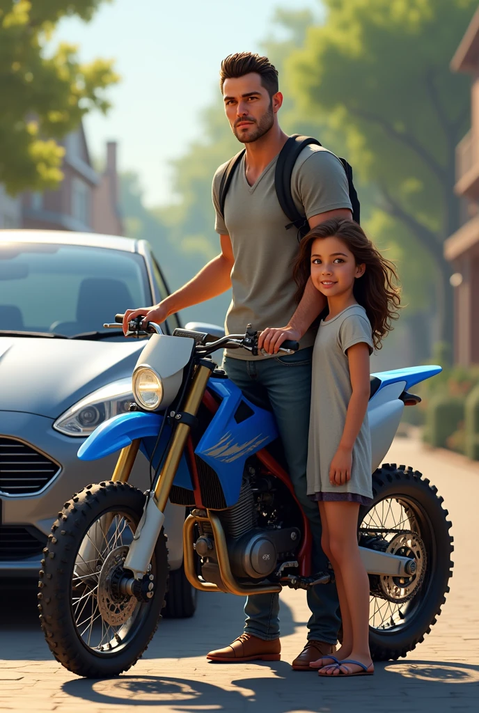 A man with short hair and light eyes, a blue enduro motorcycle, a gray Ford Fiesta car, and a daughter with wavy hair.
