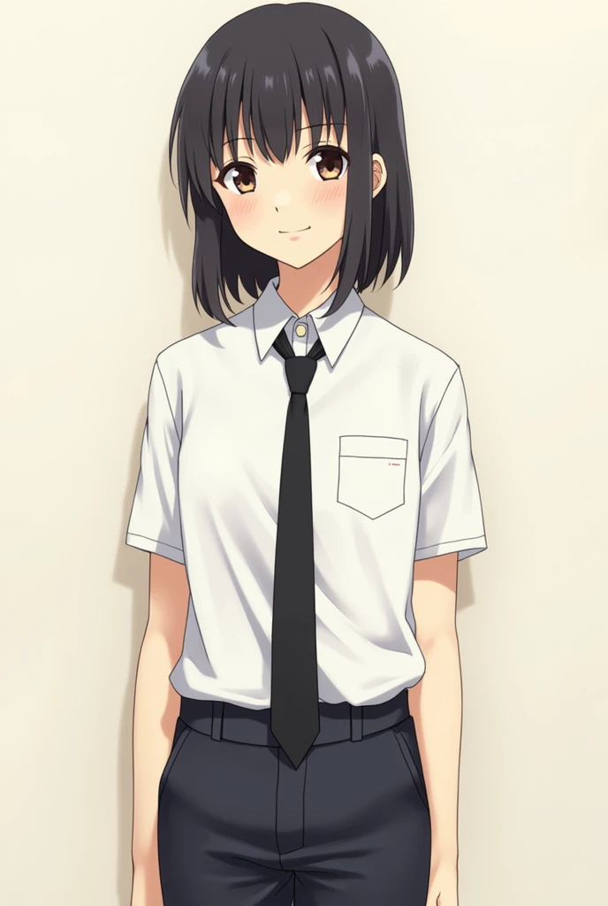 Wakana Gojo from "My Dress-Up Darling" is a tall and slender high school boy with light skin and a gentle demeanor. He has medium-length black hair, neatly parted with bangs that frame his face, and expressive dark brown eyes. He often wears his school uniform, which consists of a white button-up shirt, a black tie, and dark trousers. In his casual look, he might wear simple, comfortable clothing such as a t-shirt and jeans. His overall appearance is clean and unassuming, reflecting his reserved and kind personality.