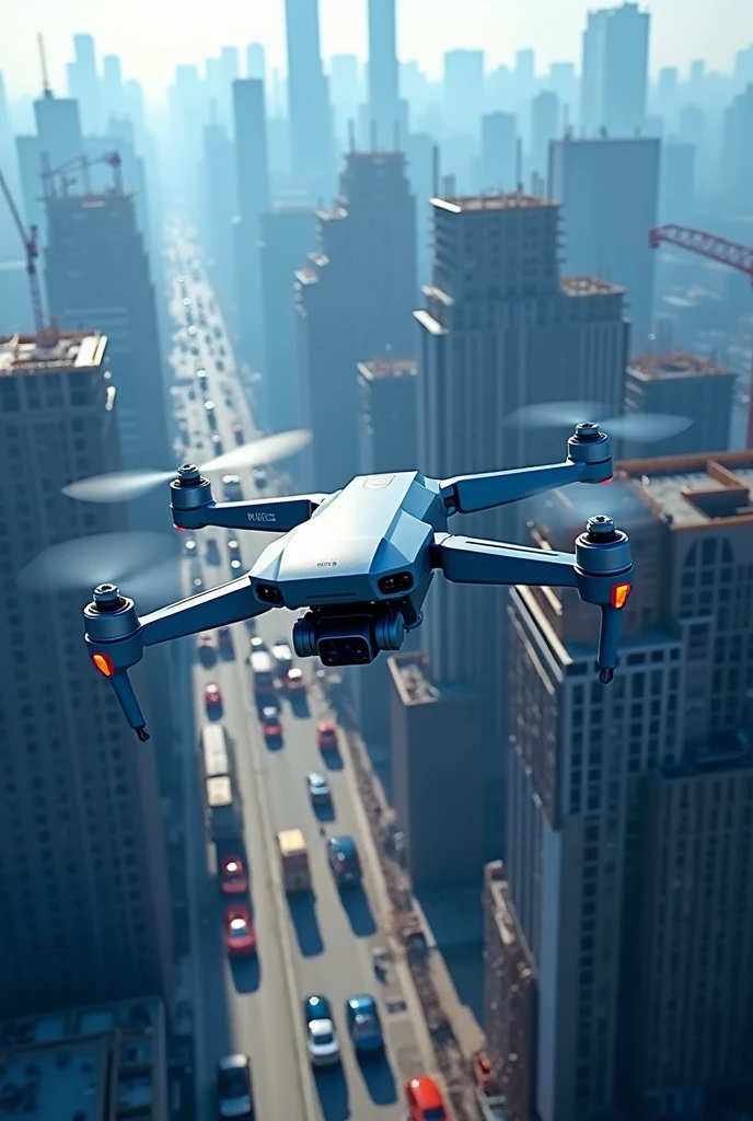 drone flying above a construction site. Image with main colors in shades of blue