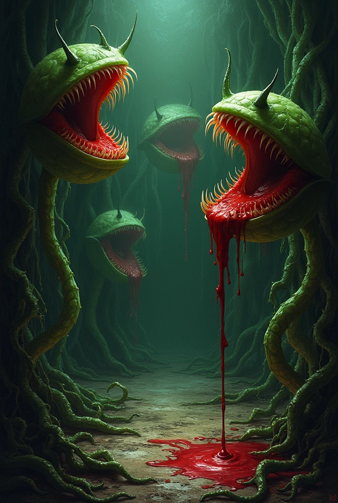 ((1920s horror drawing )) a room full of venus fly trap plants with blood coming out of their mouths and vines coming out of the ground at night
