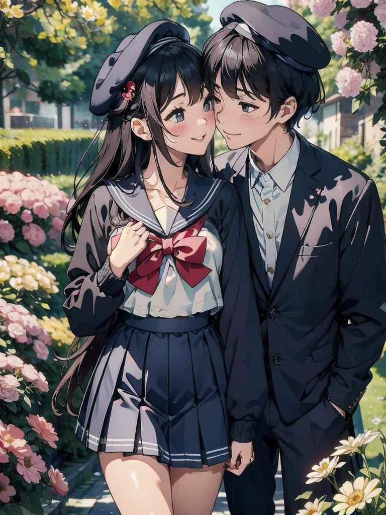 cute、Commemorative photo of the two of us、Smiling face、Sailor suit、mini skirt、beret、surrounded by flowers、kiss, Bring your face closer,