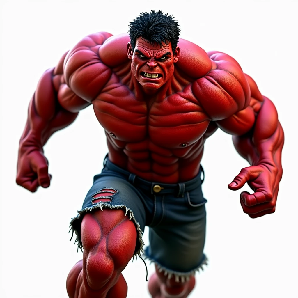 close up side view of face of Red Hulk from Marvel,Running pose,he has bright red skin and black hair, look forward, Black jean shorts are torn because they are too small for the body,pronounced muscles and jaggedskin,A simple background is solid white color,Surrealism,Hyperrealistic,Photorealistic,high-key image, high key lighting imagefrom side,8k, ultra high res, sharp focus,highly detailed