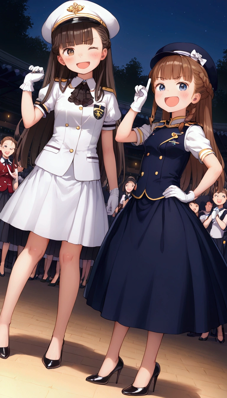 {Highest quality}, {Super beautiful},{Ultra fine},{Best illustration},Brown Hair,Hime cut,Braid,long hair,ponytail,One woman,Standing Woman,Strike a pose,Adult women,smug face,Excited face,Round Mouth,Double teeth,Wink,Uniform cap,White shirt,Short sleeve,Black long skirt,White gloves,Black stiletto heels,Night Park,crowd,Blushing,Slender,From an angle,Spread your legs,Put one hand on your hip