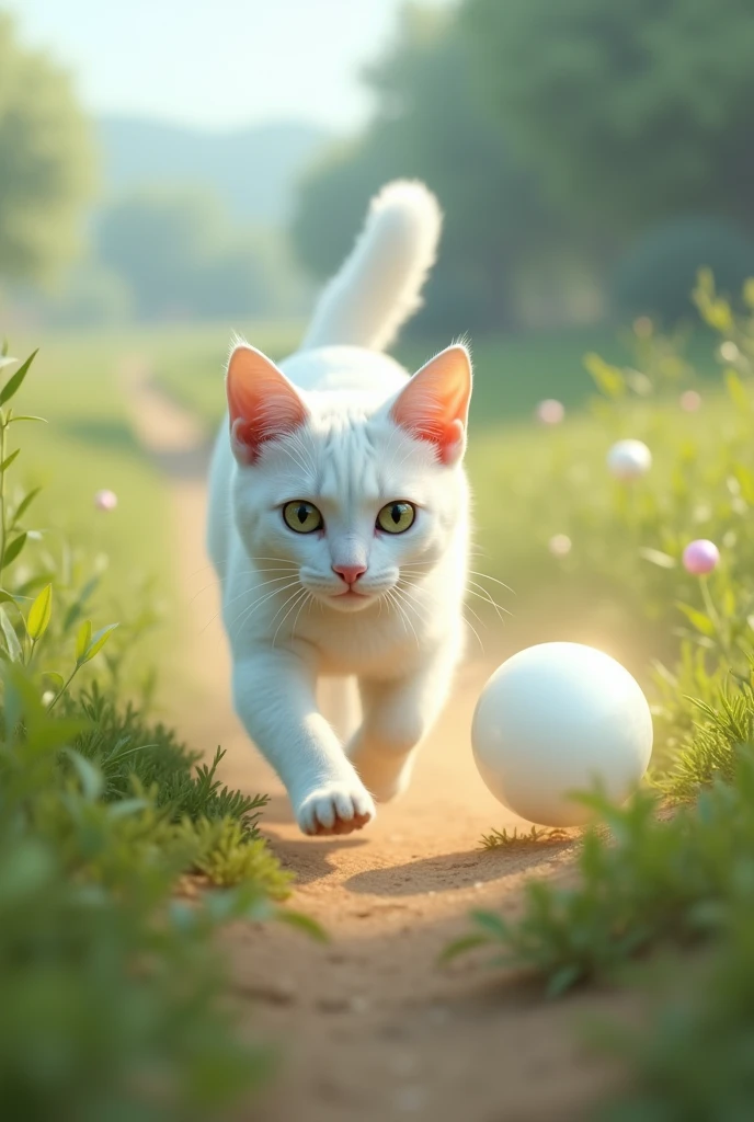 White cat running with sphere